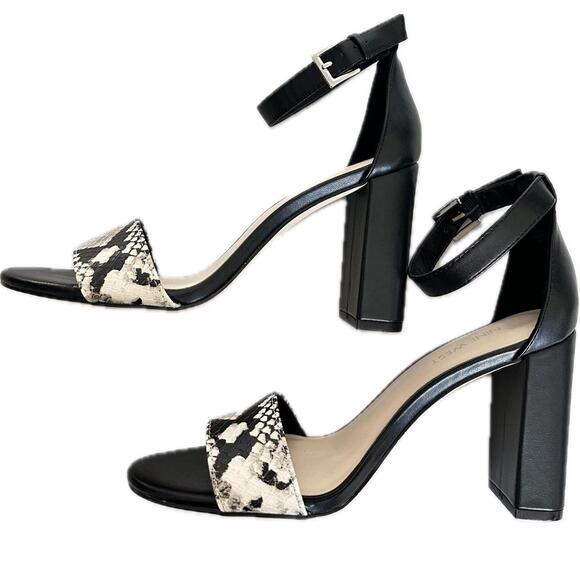 Nine West Sandals WMNS 8.5M Black Silver Snake Print Leather Ankle Strap Heeled - Picture 2 of 9
